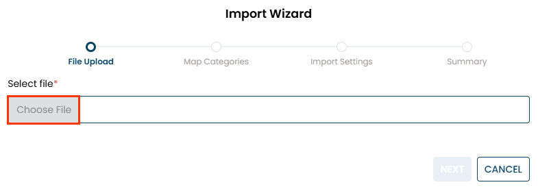 Callout of the Choose File button on the Import Wizard modal of the Default Rules page