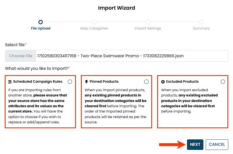 Callout of the Default Boosting Rules option, the Pinned Products option, the Excluded Products option, and the NEXT button on the Import Wizard modal of the Scheduled Campaigns page