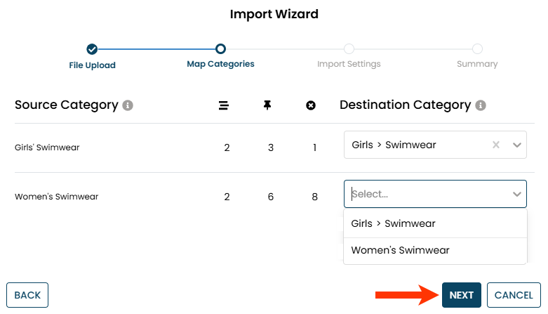 The Map Categories panel  of the Import Wizard modal of the Scheduled Campaigns page. The Destination Category selector for the Women's Swimwear category is expanded. There is a callout of the NEXT button.