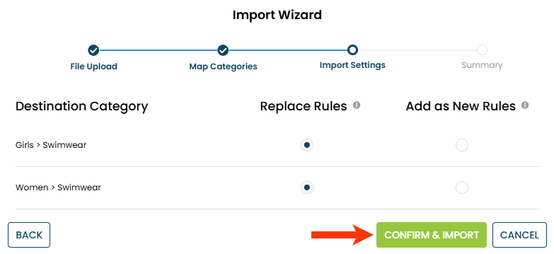 The Import Settings panel of the Import Wizard modal of the Scheduled Campaigns page, with a callout of the CONFIRM & IMPORT button.