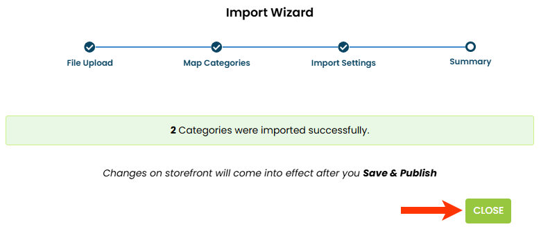 The Import Wizard modal of the Default Rules page, with a message that states, '2 categories were imported successfully,' and a callout of the CLOSE button.