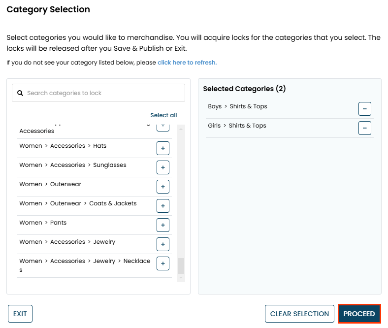 Callout of the PROCEED button on the Category Selection modal of the Default Rules panel of the Visual Merchandising page. Two categories have been selected.