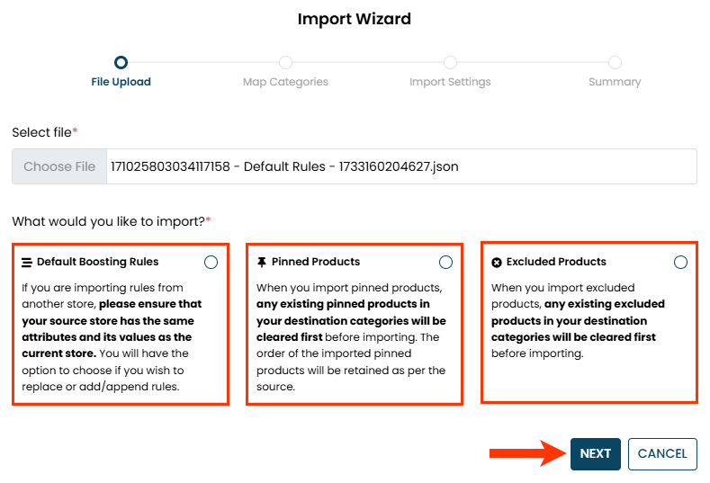 Callout of the Default Boosting Rules option, the Pinned Products option, the Excluded Products option, and the NEXT button on the Import Wizard modal of the Default Rules page