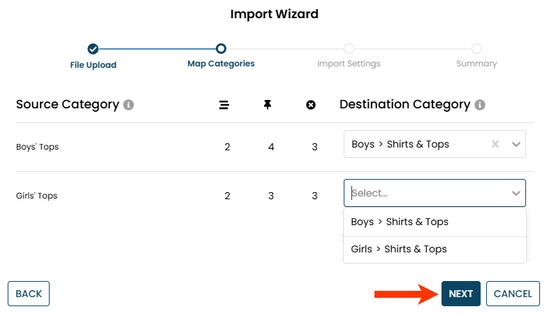 The Map Categories panel of the Import Wizard modal of the Default Rules page. The Destination Category selector for the Girls' Tops category is expanded. There is a callout of the NEXT button.