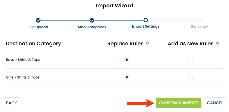 The Import Settings panel of the Import Wizard modal of the Default Rules page, with a callout of the CONFIRM & IMPORT button.