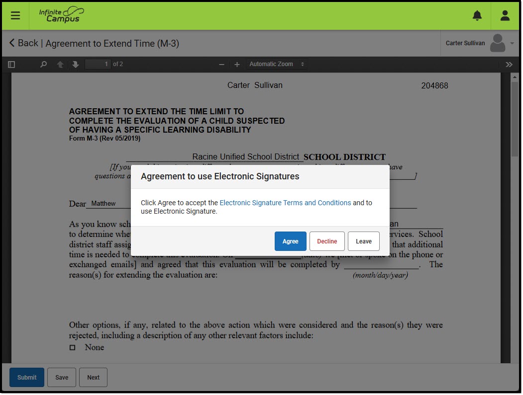 Screenshot of the Agreement to Use Electronic Signature Dialog.