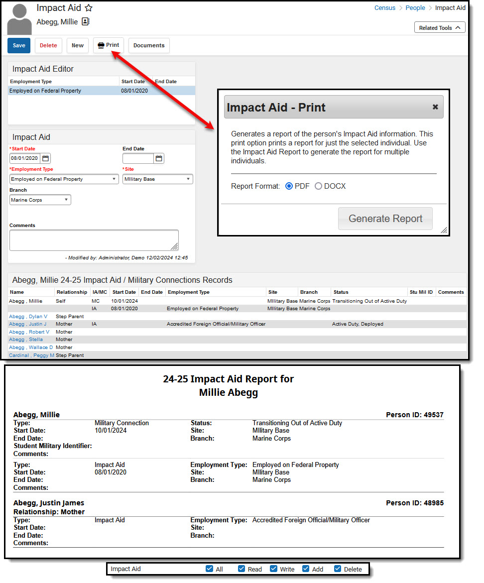 Screenshot of Impact Aid tool with Print option selected, sample printed report, and tool rights.