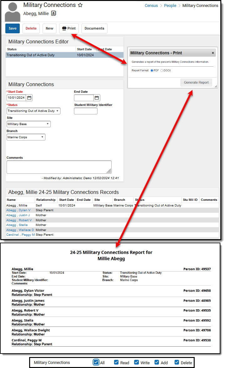 Screenshot of Military Connections tool, with Print option and printed report emphasized, and tool rights beneath.