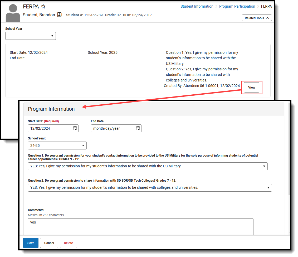 Screenshot of the FERPA Program Record, located at Student Information, Program Participation