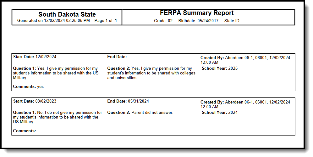 Screenshot of the FERPA Print Summary 