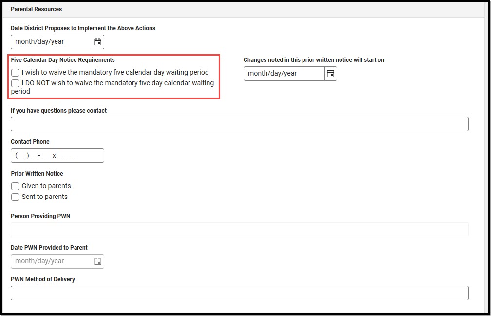 Screenshot of the Prior Written Notice Editor with the Fide Calendar Day Notice Requirement checkboxes highlighted.  .