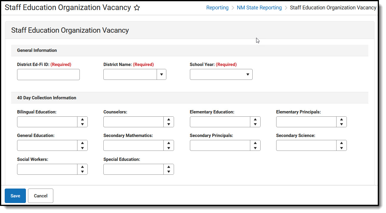 Screenshot ofStaff Education Organization Vacancy tool.