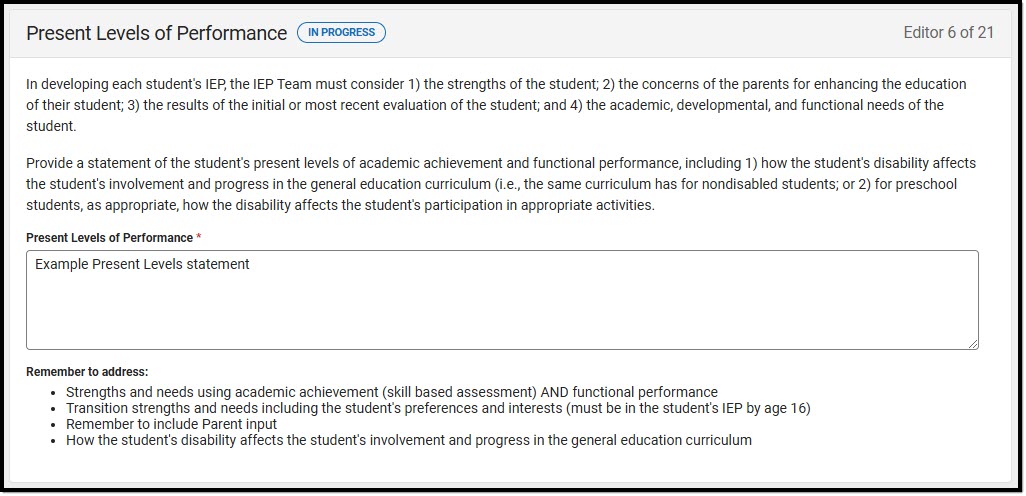 Screenshot of the Present Levels of Performance Editor.