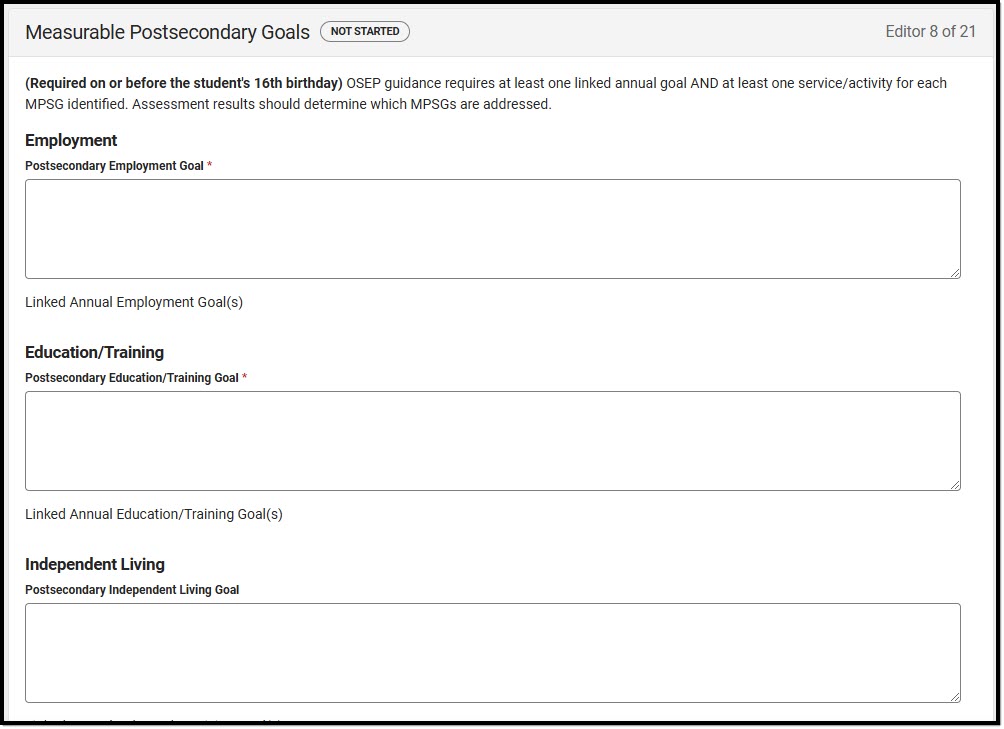 Screenshot of the Measurable Postsecondary Goals Editor.