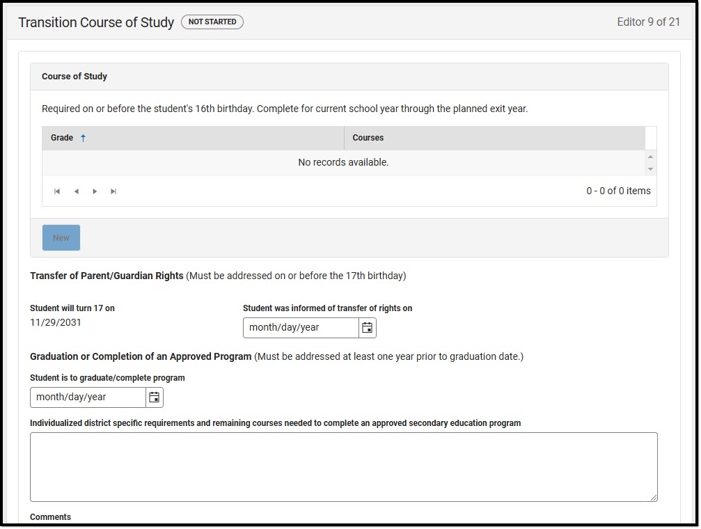 Screenshot of the Transition Course of Study Editor.