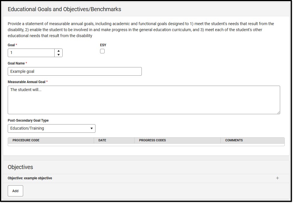 Screenshot of the Educational Goals and Objectives/Benchmarks Detail Screen.