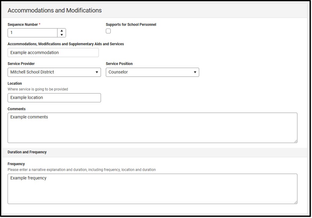 Screenshot of the Accommodations and Modifications Detail Screen.