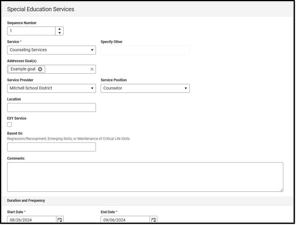 Screenshot of the Special Education Services Detail Screen.