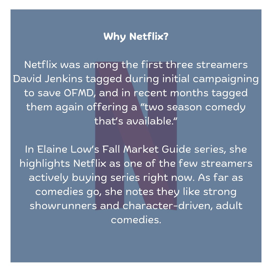 Why Netflix?  Netflix was among the first three streamers David Jenkins tagged during initial campaigning to save OFMD, and in recent months tagged them again offering a “two season comedy that’s available.”  In Elaine Low’s Fall Market Guide series, she highlights Netflix as one of the few streamers actively buying series right now. As far as comedies go, she notes they like strong showrunners and character-driven, adult comedies.