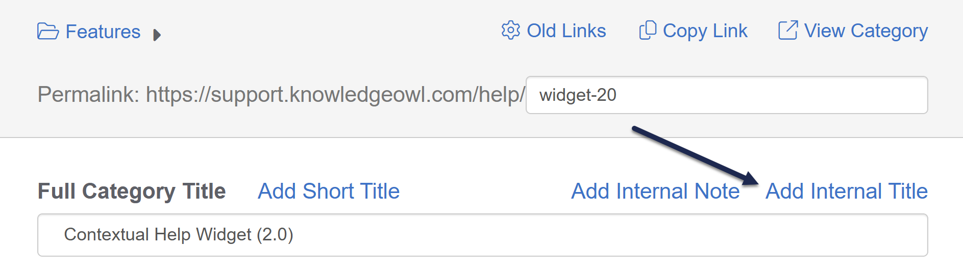 The category editor. An arrow points to the Add Internal Title link.