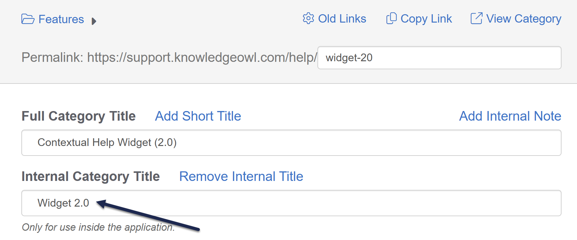 The category editor after the Add Internal Title link has been selected. An Internal Category Title field displays below the Full Category Title. Text has been entered in that field and an arrow points to it.