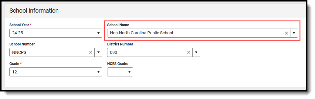 Screenshot of the School Name field on the Transcript School Information card. 