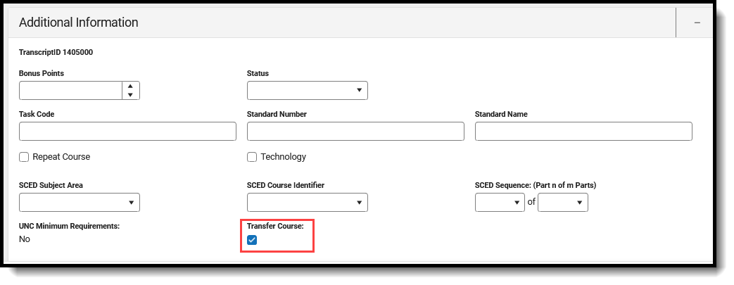 Screenshot of the Transfer Course field on the Additional Infomration card. 