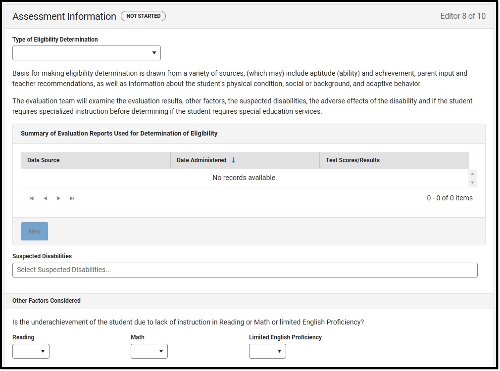 Screenshot of the Determination of Eligibility/Continued Eligibility Editor.