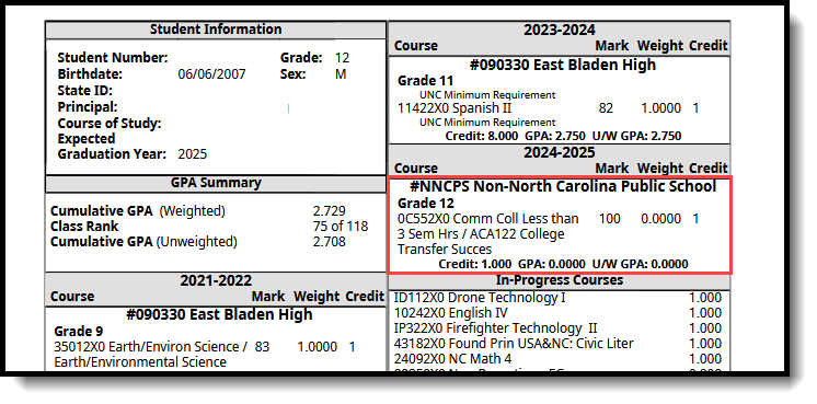 Screenshot of the NC Official Transcript Report showing the transfer courses. 