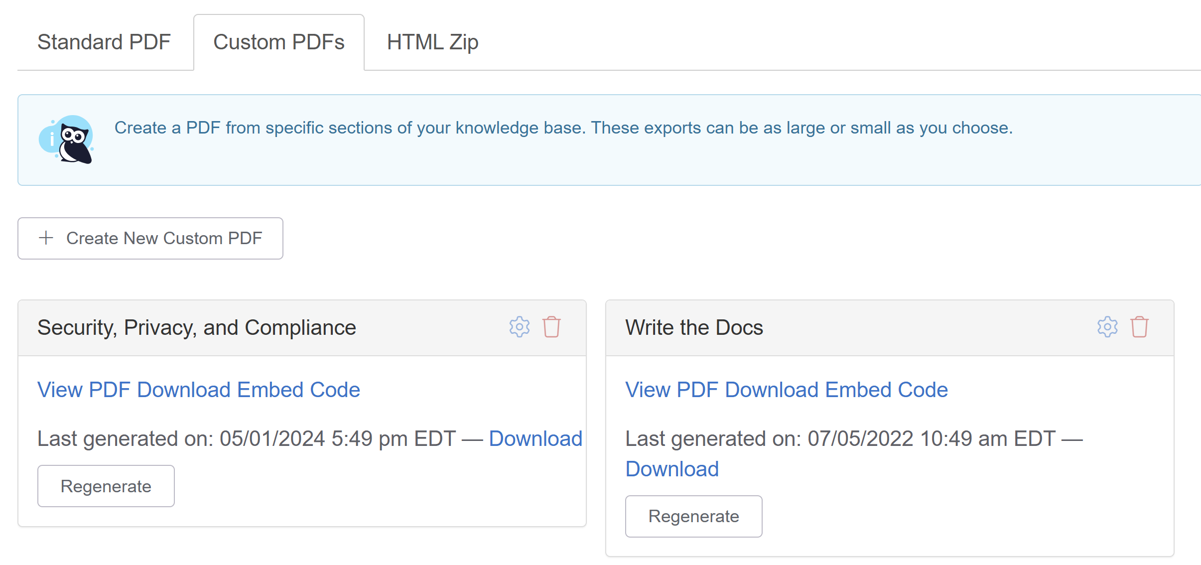 The Custom PDFs tab of the Exports page. Two custom pdfs are displayed.