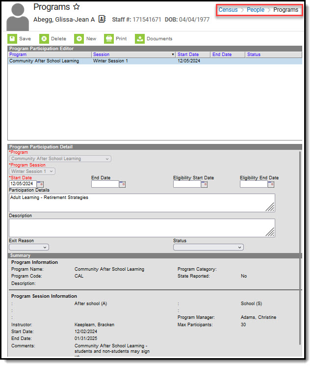 Screenshot of the Census People Programs tool, with a program record selected and displayed.