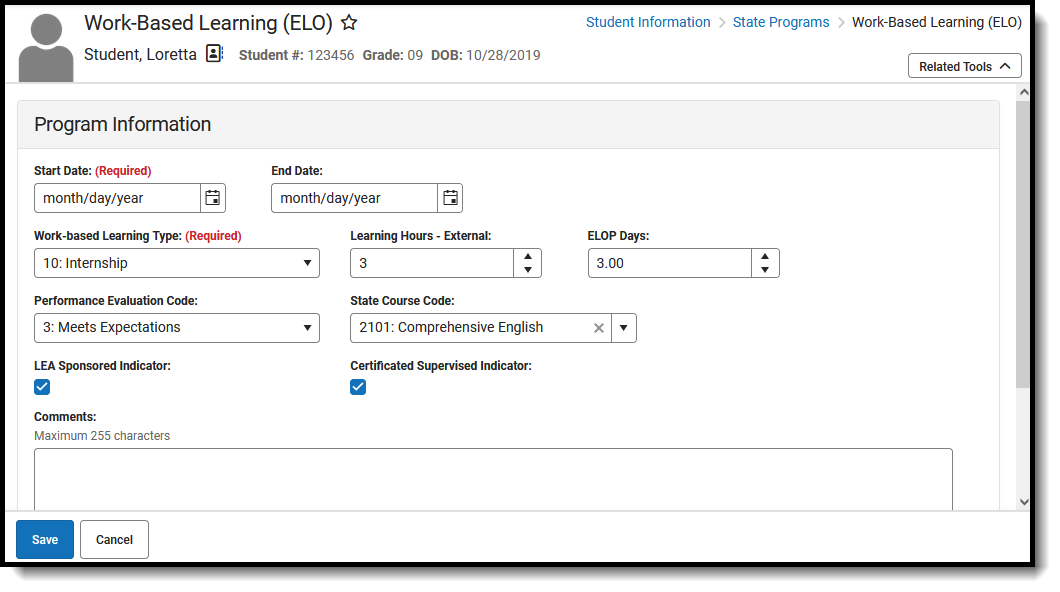 Screenshot of the Work-Based Learning Editor, located at Student Information, State Programs. 