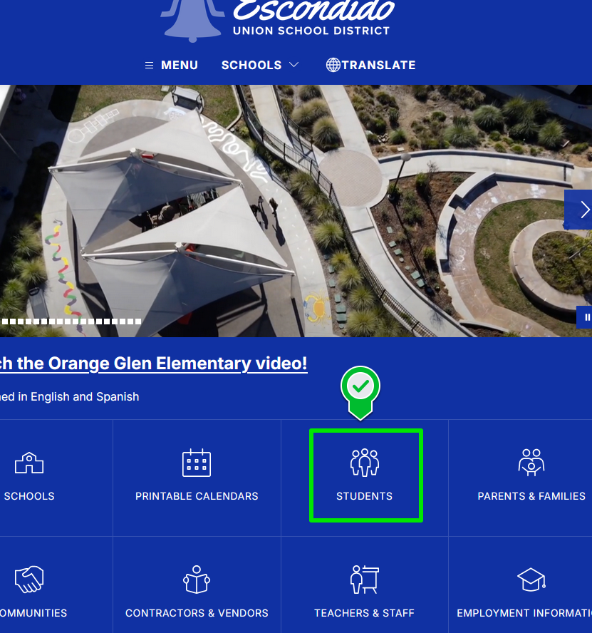 eusd.org website with the main navigation menu below the banner.  Students icon is highlighted.