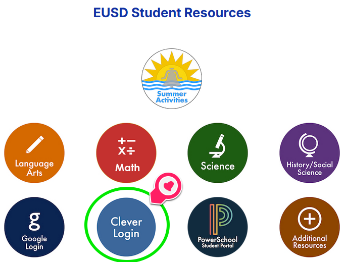 Student Resources page with icons linked to subject-specific resource collections. Clever Login icon is highlighted.