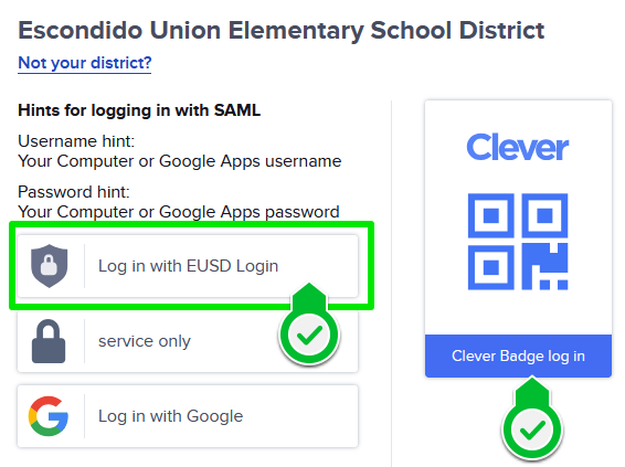 Escondido Union Elementary School District Clever logon screen with 