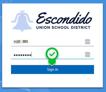 EUSD username and password entry screen with sample credentials entered and the Sign in button pointed at