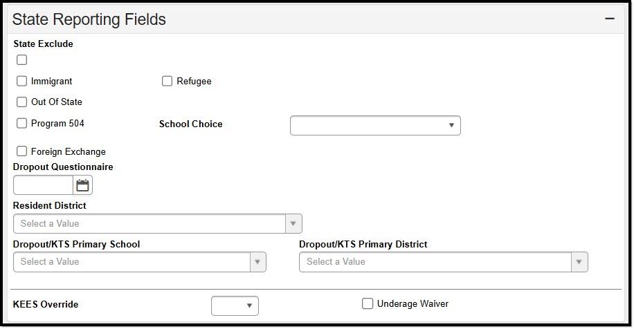 Screenshot of the Enrollments State Reporting Fields.