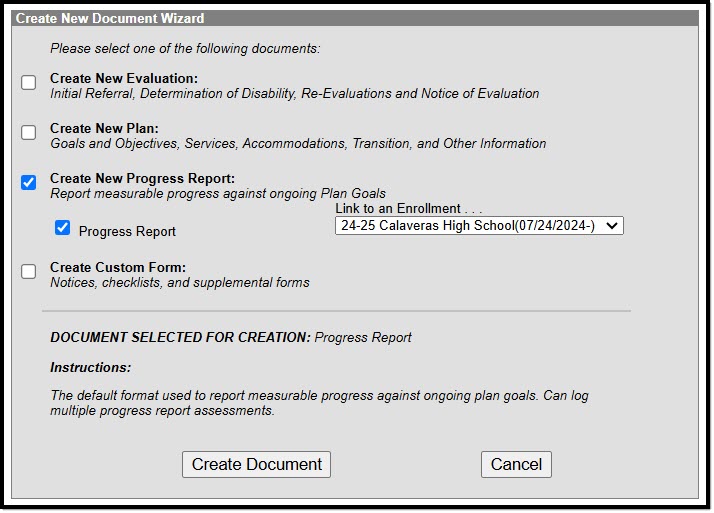 Screenshot of the Create New Document Wizard.