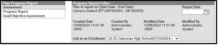 Screenshot of the Progress Report editor.