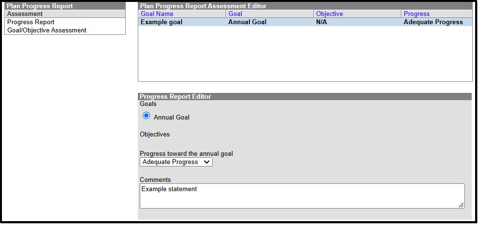 Screenshot of the Goal/Objective Assessment Editor.