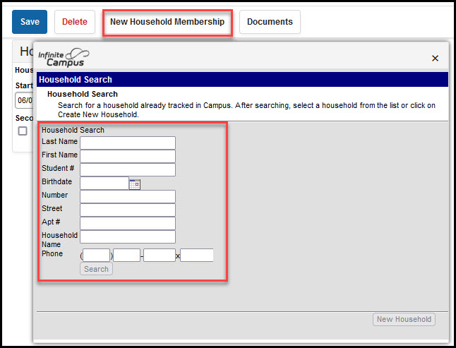 Screemshot of search fields that are used when New Household Membership button is clicked.