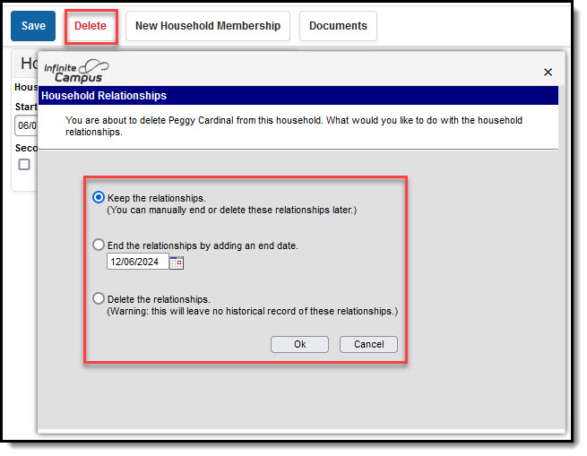 Screenshot of options that must be chosen to resolve relationships when household membership is deleted.