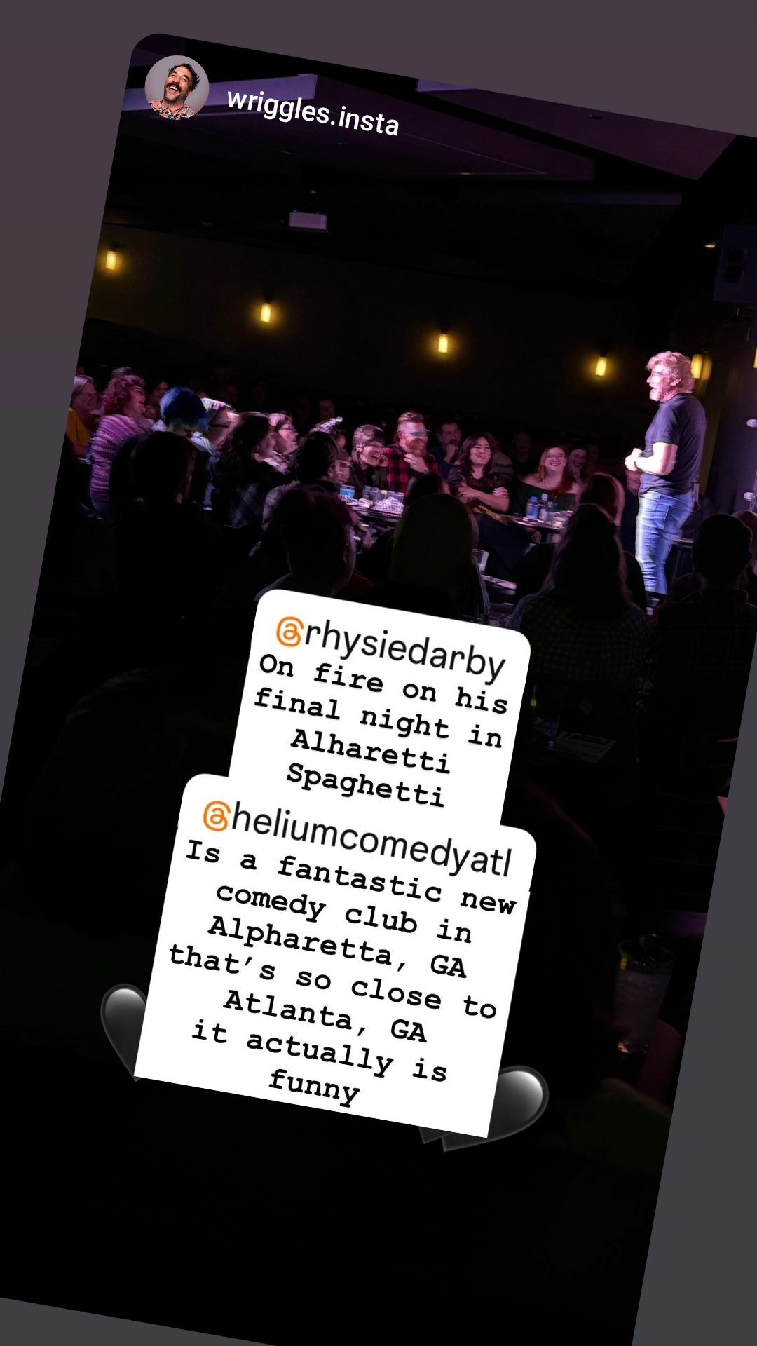 Steve Wrigley's Instagram story: a photo of Rhys on stage, with Steve's caption reading 