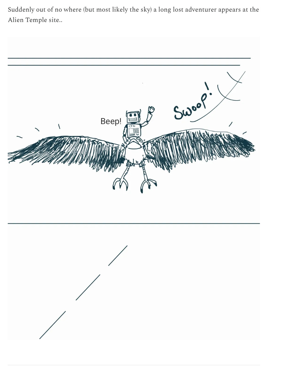 Black and white line drawing of a robot riding a huge bird. The word “swoop!” is written above the bird and the robot exclaims, “Beep!” Below them, there is a long horizontal line and 3 short diagonal ones, indicating that the bird is about to land on a road or path.