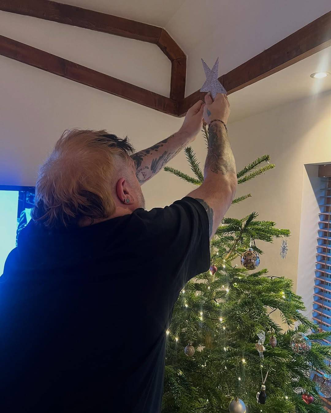 Photo of Kristian placing a glittery silver star ornament on top of a Christmas tree decorated with baubles and fairy lights.