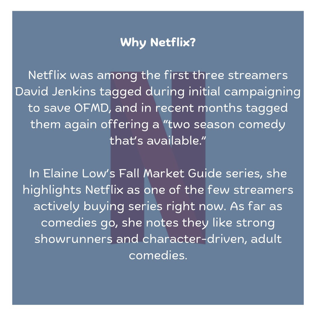 Why Netflix?  Netflix was among the first three streamers David Jenkins tagged during initial campaigning to save OFMD, and in recent months tagged them again offering a “two season comedy that’s available.”  In Elaine Low’s Fall Market Guide series, she highlights Netflix as one of the few streamers actively buying series right now. As far as comedies go, she notes they like strong showrunners and character-driven, adult comedies.