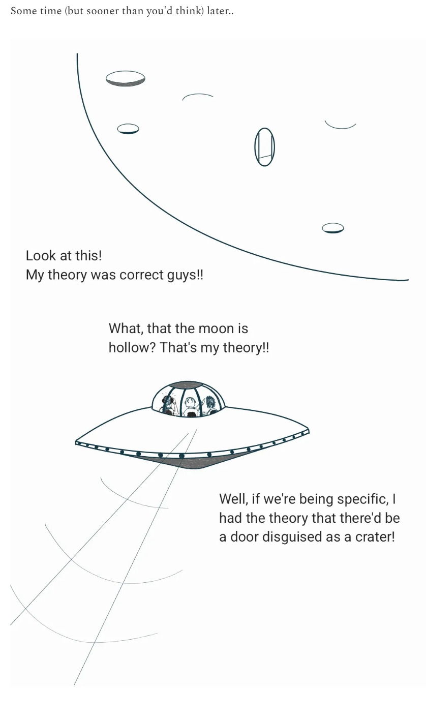 Line drawing of a saucer-shaped UFO approaching the moon. 3 people can be seen inside the UFO. Text at the top reads: 