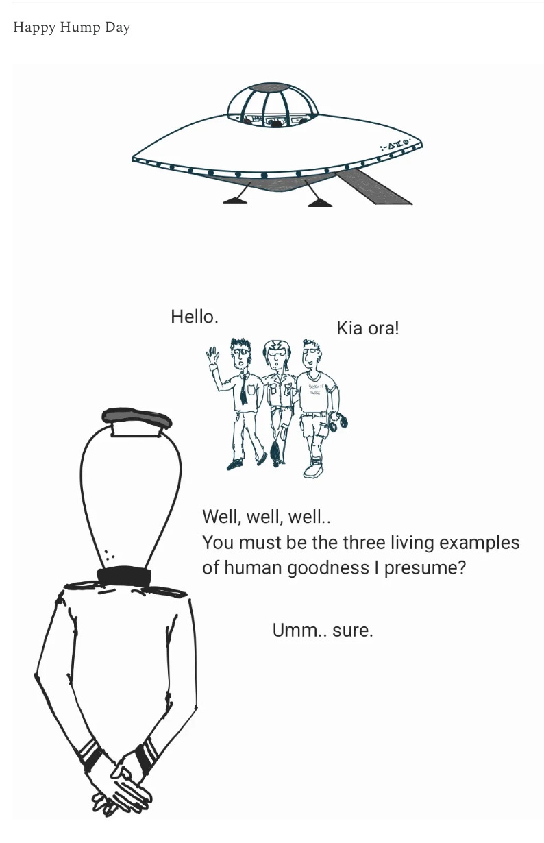 Line drawing of a parked UFO, 3 humans walking away from it and an alien greeting them. Above are the words 