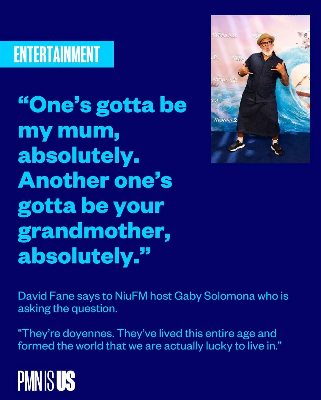 Article preview posted by PMN on Instagram, featuring a photo of David Fane at the Moana 2 premiere and an excerpt from the article itself: 