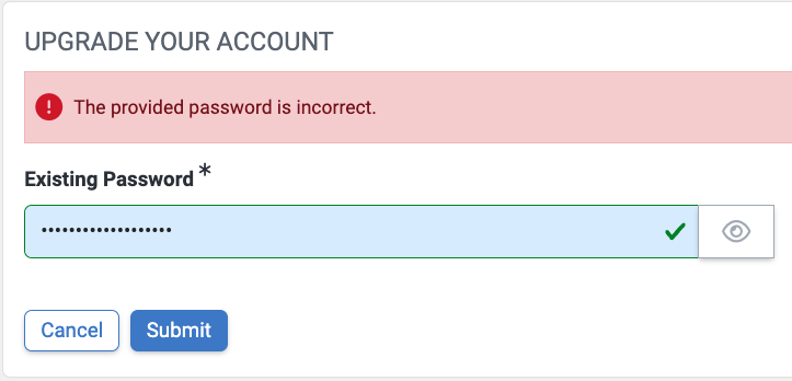 An image of the password entry interface after an incorrect password has been entered.